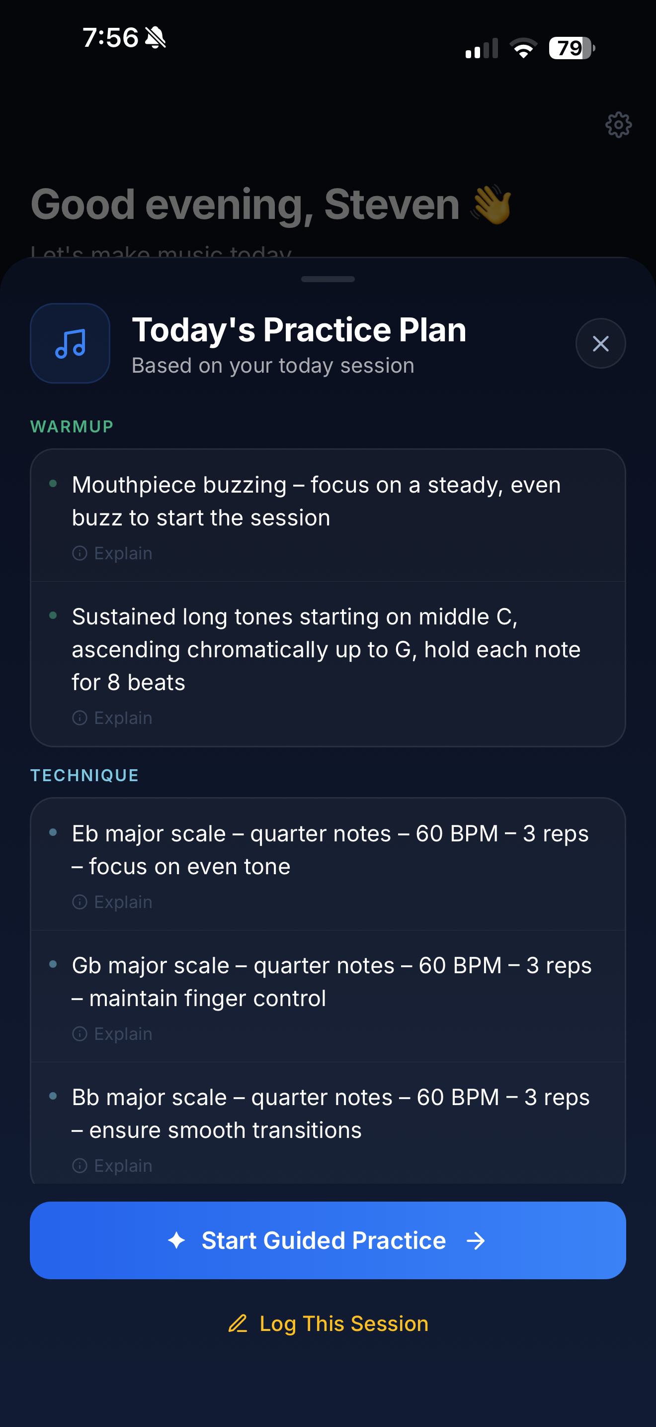 Guided practice session screen