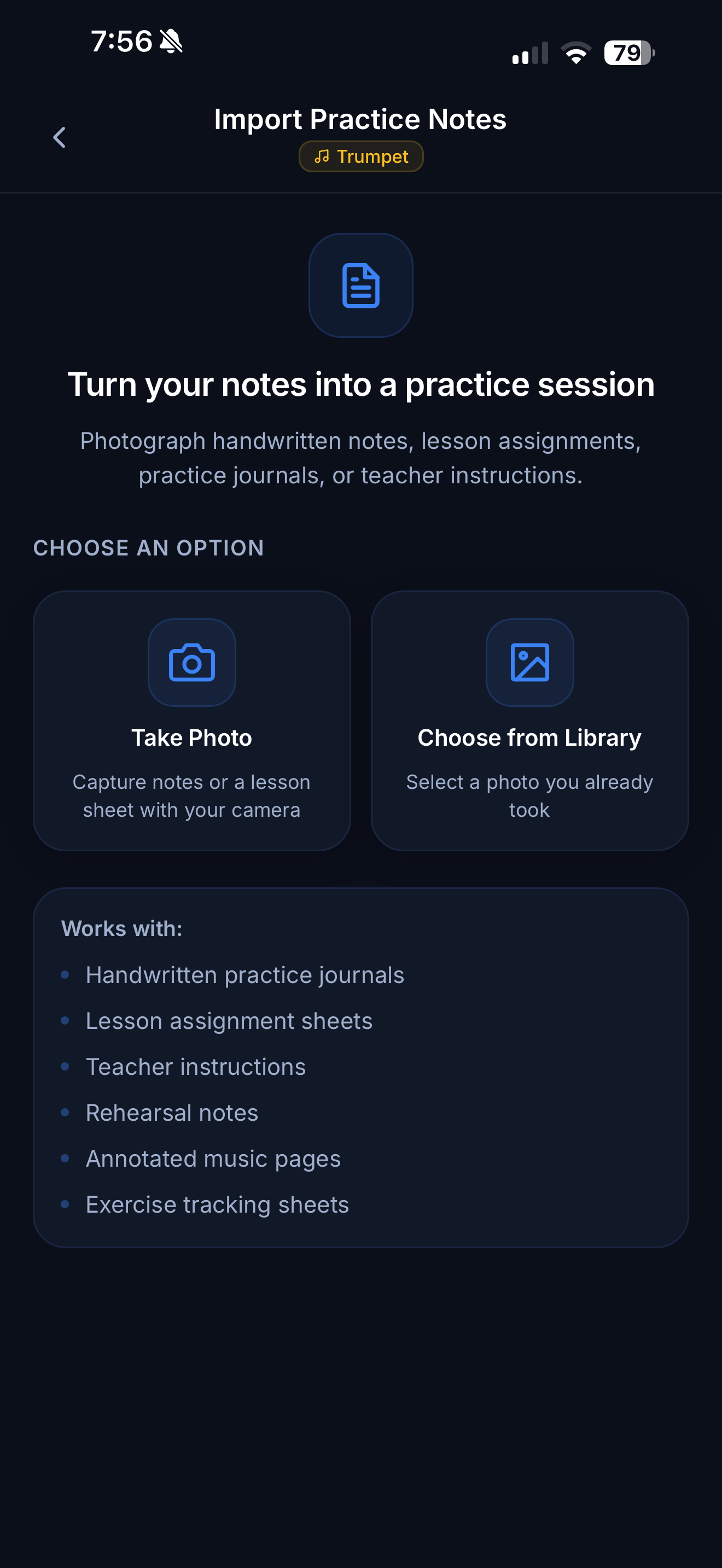Import practice notes screen